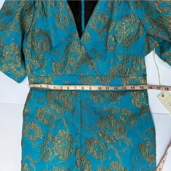 NWT Happy x Nature by Kate Hudson Teal & Gold Brocade Puff Sleeve Jumpsuit - Picture 4 of 15